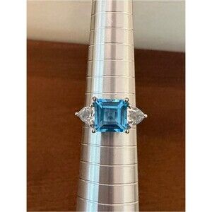 Blue Emerald Cut Statement Ring – Sterling Silver 925 – 3 Stone Design